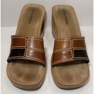 Hokus Pokus Leather Wood Platform Slide Sandals Brown Colorblock Womens Size 9